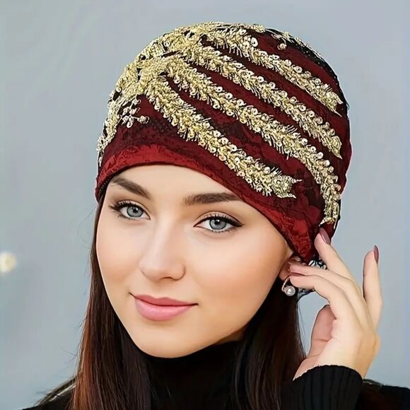 Red Beanie with Golden Beads Breathable Head Wrap and Chemo Cap Women & Girls - Picture 13 of 15